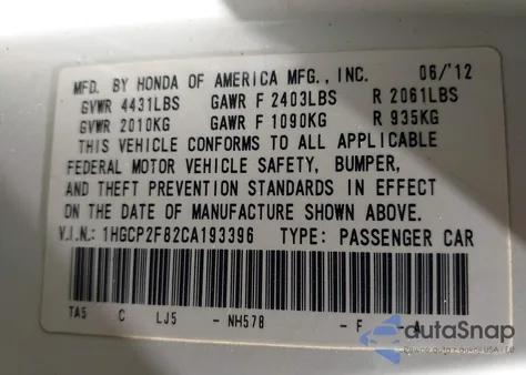 2012 Honda Accord 2.4 Ex-L from USA, damaged, VIN 1HGCP2F82CA193396